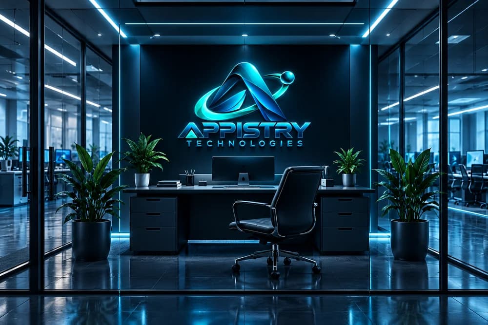 Concept illustration of an Appistry office with a desk, chair, glass walls and cyan lighting